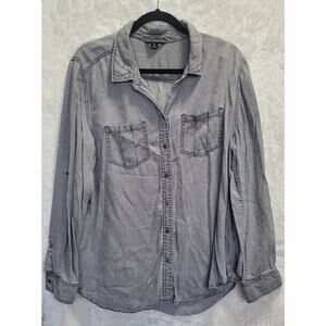 Terre Bleue Shirt Women XL Gray Roll Tab Sleeves Lightweight Blouse 100% Lyocell